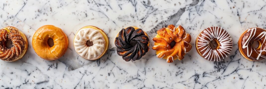A variety of cronuts, glazed and decorated, are displayed on a marble countertop in an overhead view