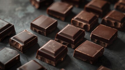Dark chocolate squares neatly arranged on a dark background, highlighting their exquisite craftsmanship.