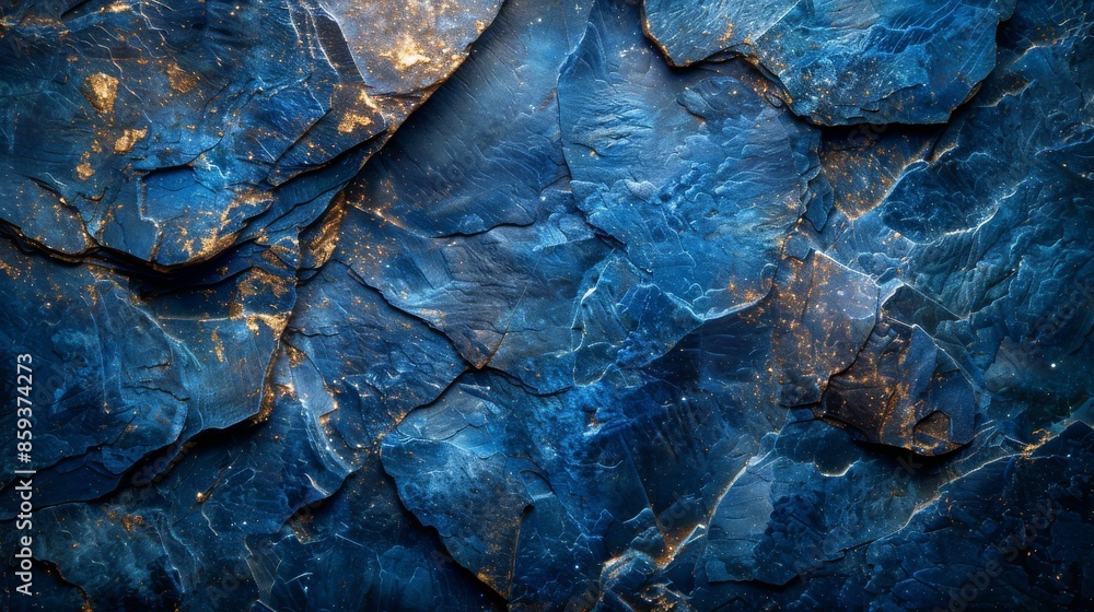 Poster an abstract capture of blue rock formations with gold highlights, showing intricate textures and lay