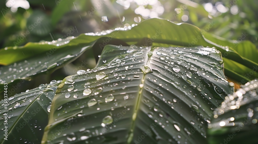 Aufkleber sparkling rain drops covering the surface of a large green leaf : generative ai