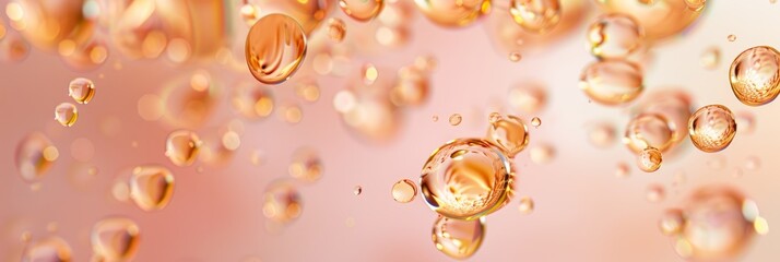 A vivid macro photograph of glistening golden serum droplets suspended in midair against a soft pastel pink backdrop. The focus is on the droplets intricate details