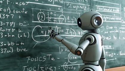 AI Robot Engaging with Educational Equations on Chalkboard AI assistant in Education