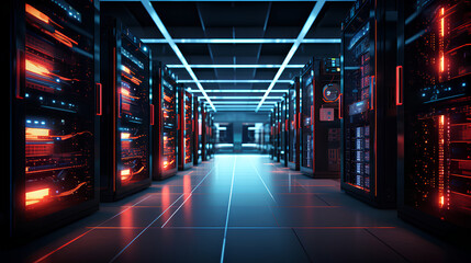 Hallway of Data Center where dedicated servers are with new age racks by using little red