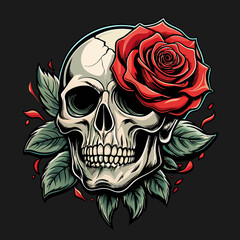Design a high-resolution vector illustration for a t-shirt featuring a skull and rose. The skull should be realistically detailed, showcasing intricate textures like cracks and shading to create a 3D 