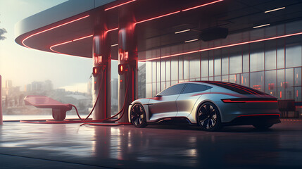 An electric car at an EV charging station