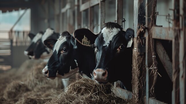 Valmiera Latvia  August 17 2024  Cows feeding in a barn with hay heads through metal barriers with identification tags on their ears : Generative AI