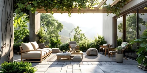 Modern outdoor lounge with wooden furniture on a veranda in a garden. Concept Garden Veranda, Outdoor Lounge, Wooden Furniture, Modern Design, Relaxing Ambiance