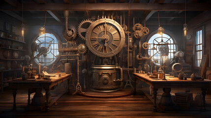 Time-Traveling Inventor's Workshop: a workshop where a time-traveling inventor creates ingenious contraptions that span across different eras and technologies
