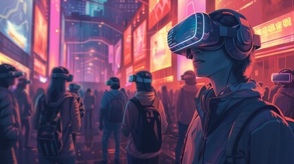 A futuristic illustration of a business networking event in a virtual reality environment, showcasing the future of online interactions and networking.