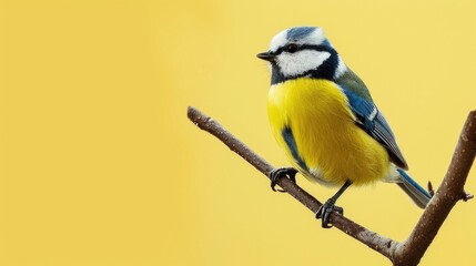 Eurasian blue tit perched on a branch with copy space