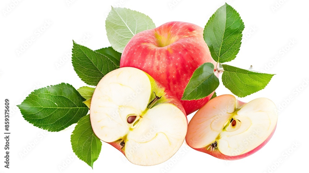 Poster red apple with leaves and halves isolated on white background cut out : generative ai