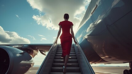 Fototapeta premium Airline Stewardess Welcoming Boarding Passengers