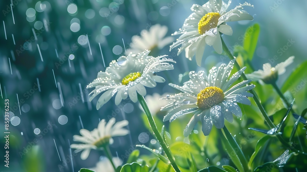 Poster spring wild flowers rain drops abstract background : generative ai