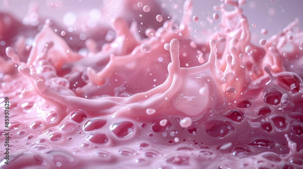 Poster this close-up image captures a vibrant splash of pink liquid with dynamic movement and detailed bubb