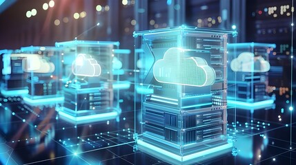 futuristic data center server racks digital holographic cloud computing icons data storage, high-tech servers advanced technology efficient management information security transmission privacy network