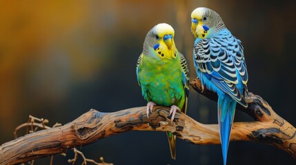 Fototapeta premium Two Budgies Perched on a Branch.