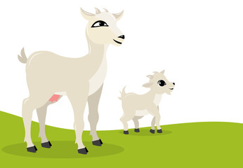 Domestic farm animal. Goat and kid on the grass. Rural hills. Summer.