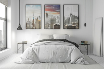 A modern white bedroom with industrial accents, minimalist furniture, and cityscape posters above the bed.