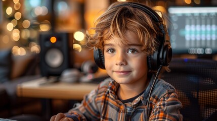 A young boy is wearing large headphones and sitting in a recording studio with a computer screen and audio equipment in the background, looking at the camera.