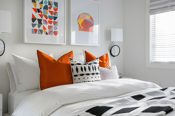 A modern white bedroom with bold accent pillows, geometric decor, and abstract posters above the bed.