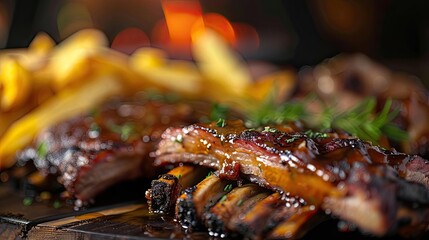 Delicious BBQ ribs served with crispy french fries on a wooden table, perfect for a summer meal or gathering with friends and family.