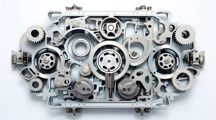 Inner mechanics of a vehicle's engine, with gears, pistons, and belts forming the shape of vehicle parts, set against a pure white background.