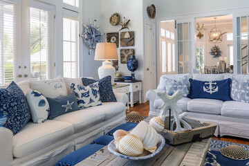 A nautical-themed living room with blue and white color scheme, coastal decor, and seashell accents.