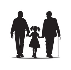 grandparents walking with granddaughter vector silhouette Illustration