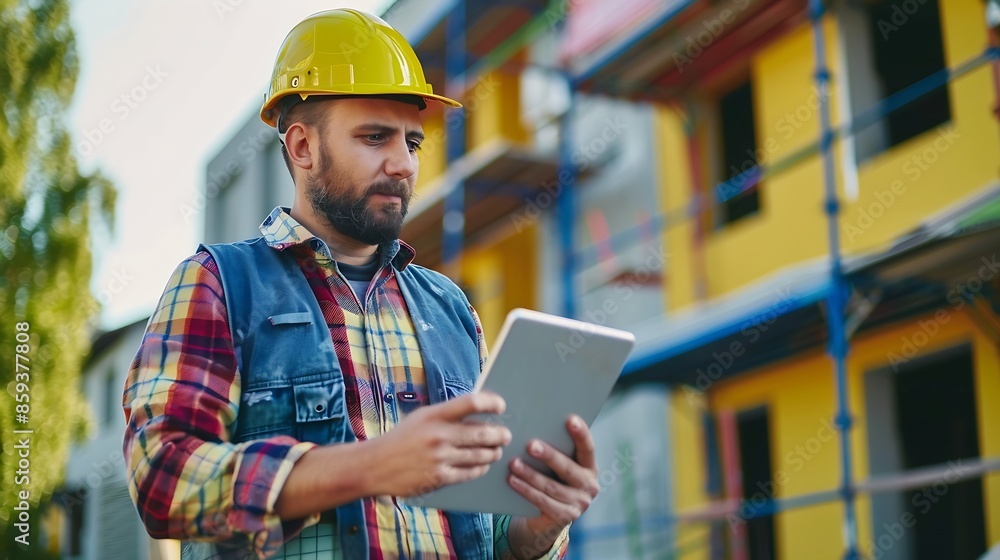 Poster construction worker tablet and portrait of man with research and digital data for solar panel instal