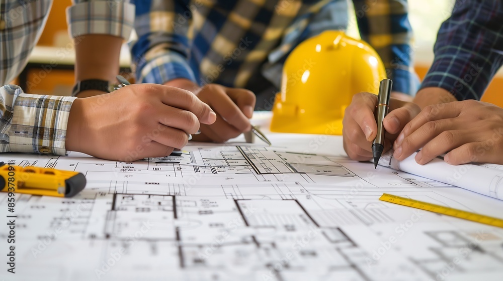 Leinwandbilder Team of engineers reviewing blueprints Sketch of a new construction project with engineering tools at office desk For improvement of house designs in mortgage rent sale real estate : Generative AI