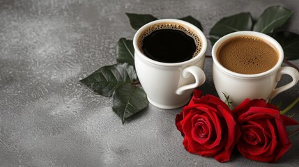 Obraz premium Two pristine white coffee cups, one with rich black coffee and the other with creamy brown coffee, complemented by a red rose in full bloom with green leaves, serene and elegant
