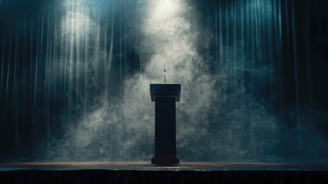 Wooden podium for a speaker in a dark hall. AI generated.