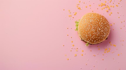 Cheeseburger on a pink background, with extensive empty space around for adding promotional text or visuals.