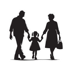 grandparents walking with granddaughter vector silhouette Illustration