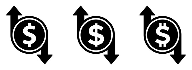 Dollar rate rise and fall vector signs. Cost increase and decrease vector icons