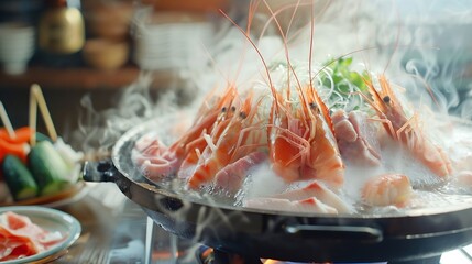 Shabu Shabu or Sukiyaki a popular dish of pork beef shrimp squid seafood and fresh vegetables Placed on a table with a boiling pot boiling in a Japanese restaurant : Generative AI