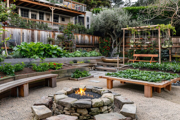 A rustic backyard with a stone fire pit, wooden benches, and a vegetable garden with raised beds and trellises.