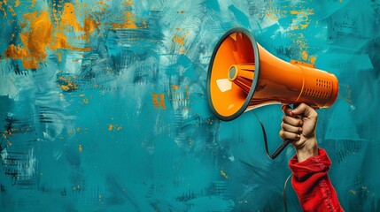 Hand Holding Orange Megaphone Against Vibrant Abstract Blue and Orange Background, Concept of Communication and Announcement