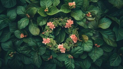 Top view of a flower crown resting on a bed of green leaves.