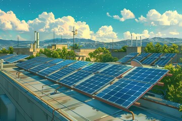 Clipart illustration of a rooftop with multiple solar panel arrays generating clean energy, showing the integration of solar power into urban environments for sustainable development Renewable