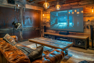 A rustic TV lounge with a leather couch, a wooden coffee table, and a large flat-screen TV, set against a backdrop of reclaimed wood walls and warm lighting.