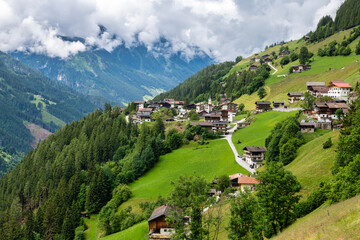 View of the mountains, valleys and the village of Brandberg near Mayrhofen in Austria