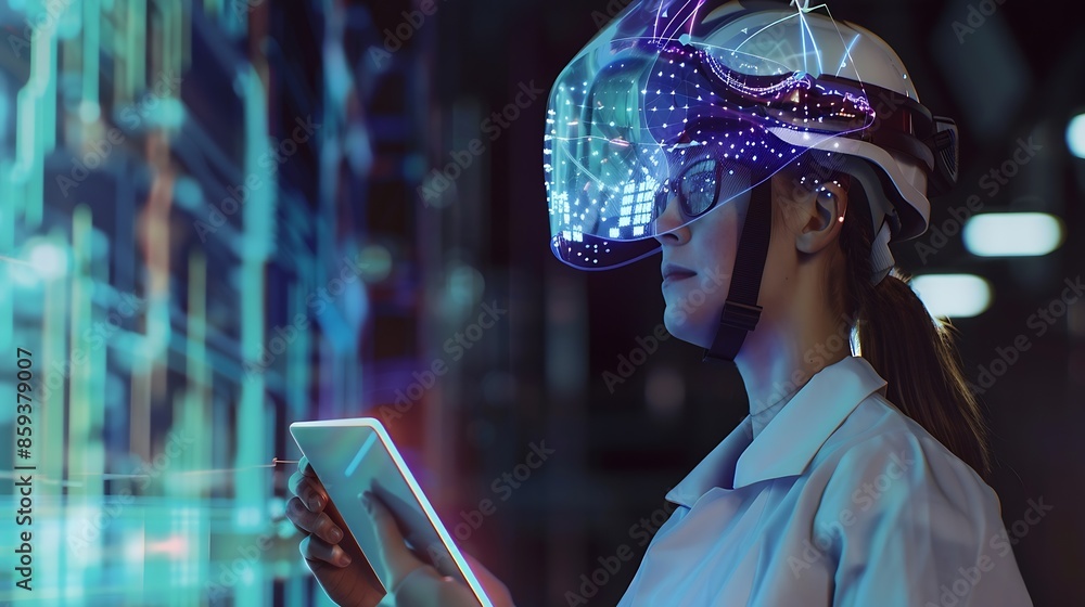 Aufkleber a woman engineer is wearing a protective helmet on her head using tablet Analytics engineering data : Generative AI