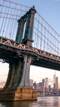 Vertical Aerial Timelapse of the  Brooklyn Bridge Pillar at Night