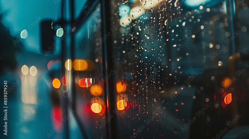 Poster raindrops on bus window and lights : generative ai
