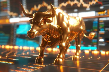 Golden bull statue against stock market background