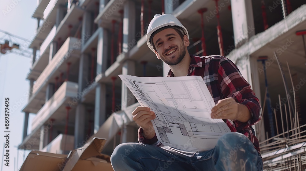 Poster cheerful man in protective work helmet holding architectural building plan and smiling while crouchi