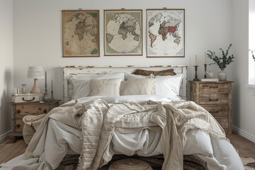A rustic white bedroom with reclaimed wood furniture, cozy throws, and vintage map posters above the bed.