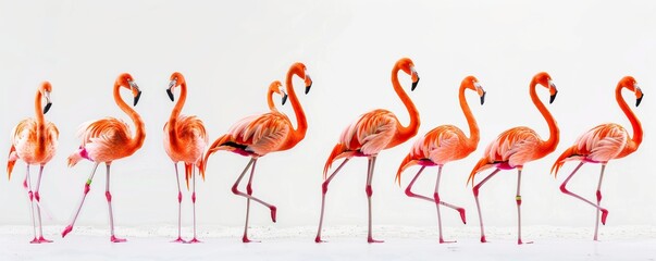 Obraz premium Group of flamingos standing in a row on a white background. Wildlife and birdwatching concept