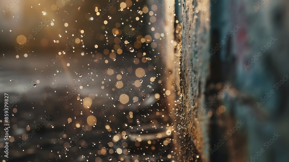 Poster blur defocus image of water hit wall ground explode into drop droplet amount water attack impact and